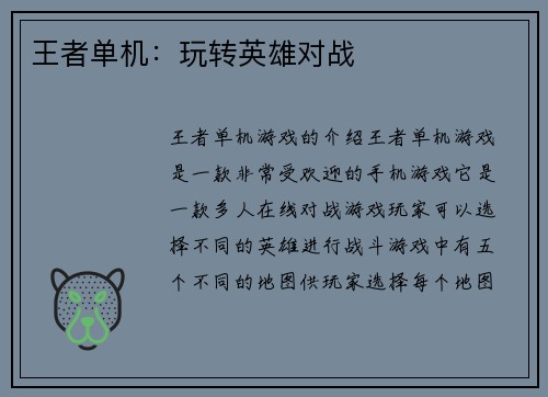 王者单机：玩转英雄对战